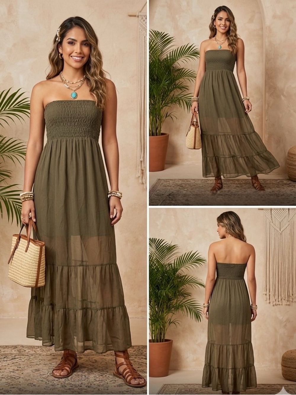 Guess Olive Elastic Smocked Top Y2K